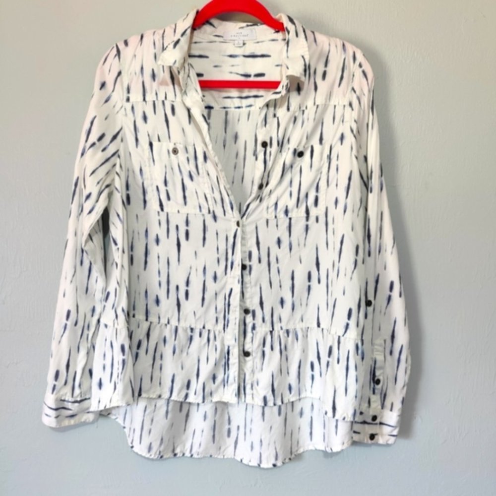 Printed Navy Tie Dye Striped Peplum Shirt - Size Large